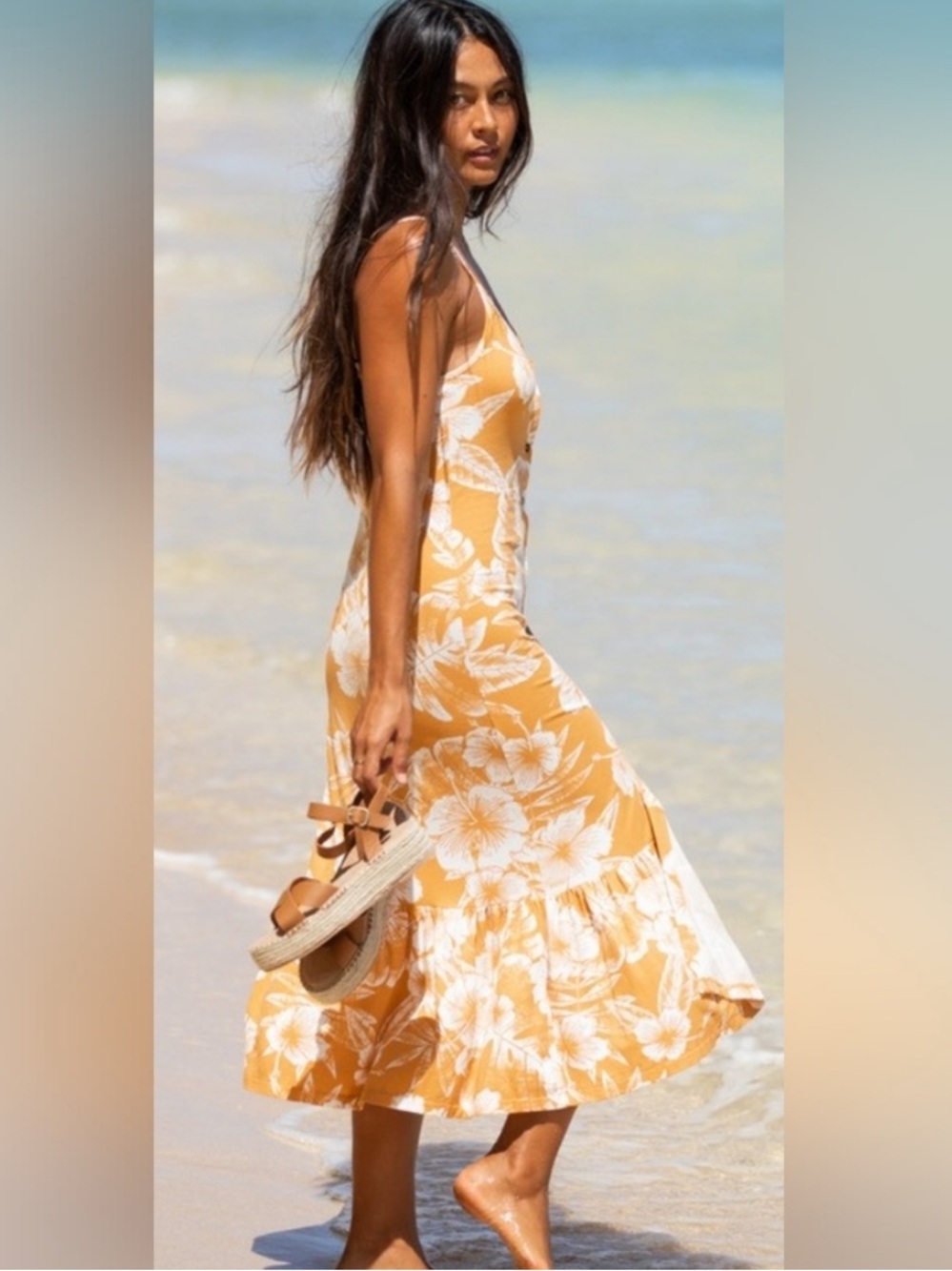 Roxy Seaside State of Mind Yellow Floral Button-Front Maxi Dress